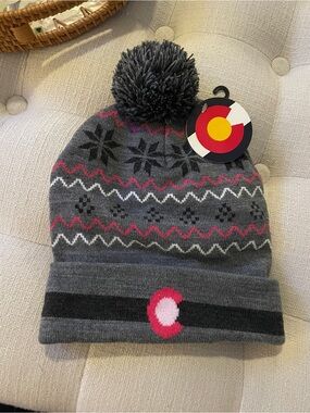 Colorado Grey Knit Pom Beanie with Pink Accent